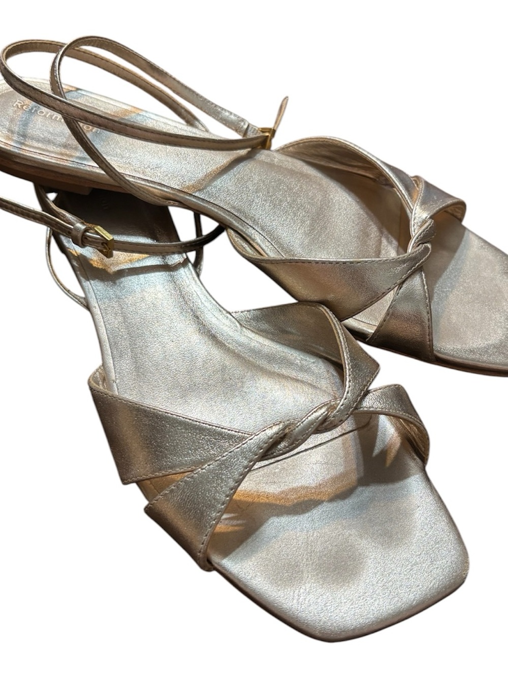 Reformation Metallic Gold Knot Front Ankle-Tie Sandals - Picture 7 of 9